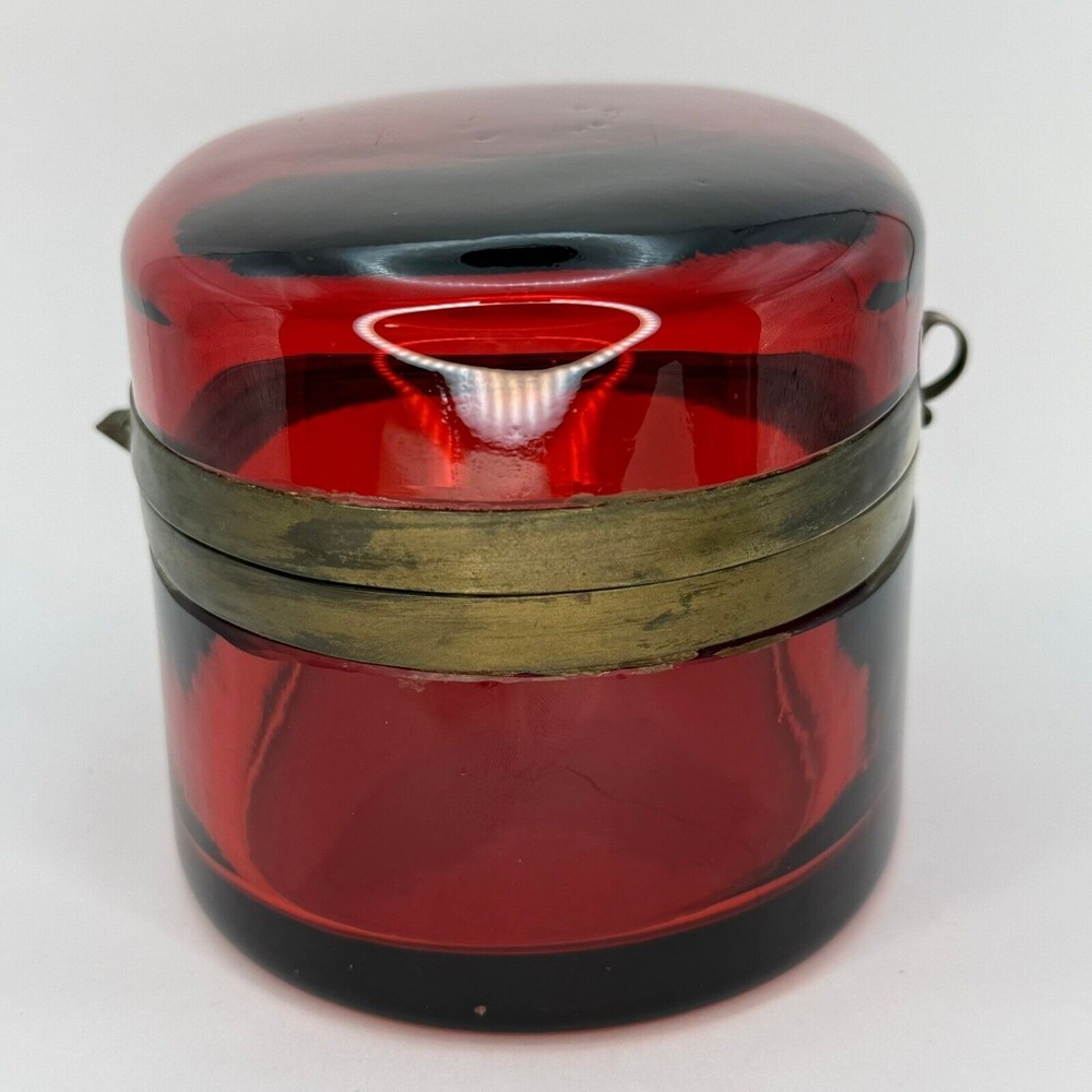 Antique Red Cranberry Crystal Hinged Casket Box Bohemian‎ French Brass Oval Rare - Picture 3 of 14